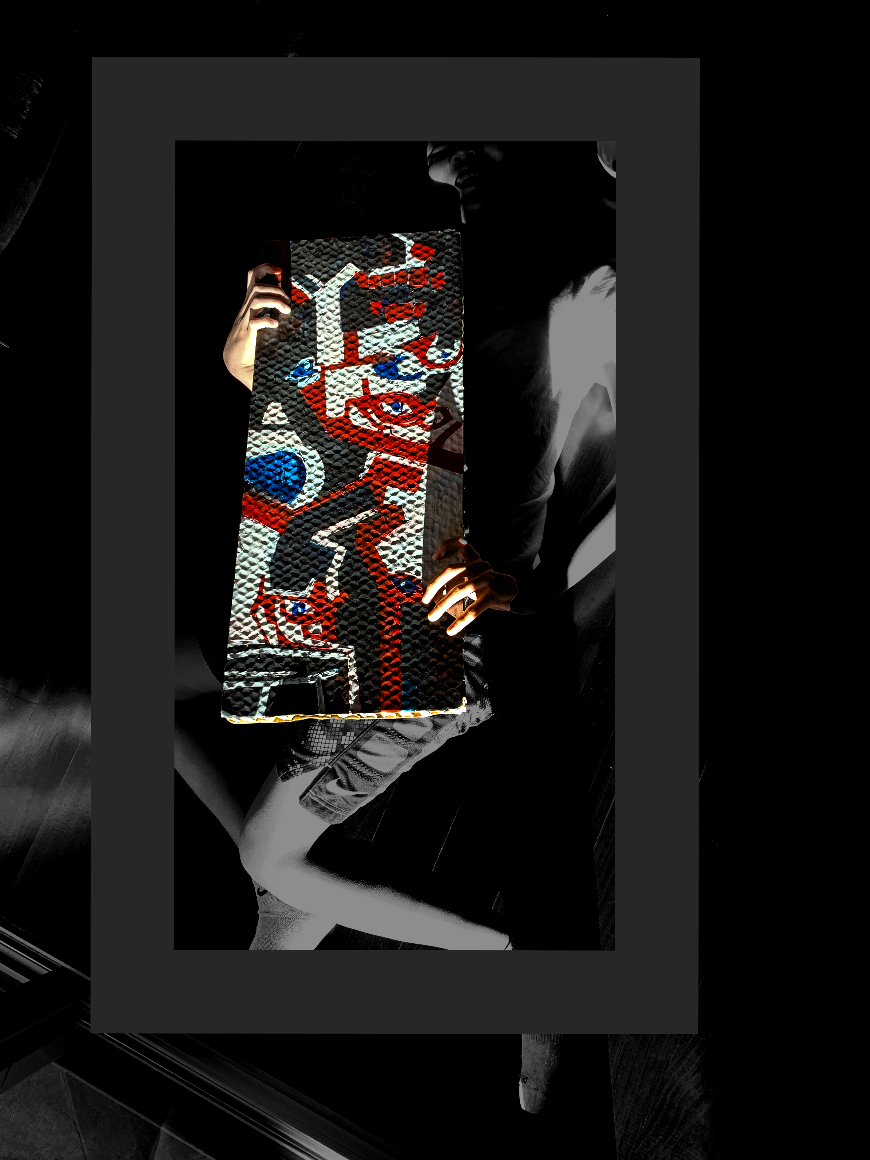 <i>False Accusations</i><br>guernica inspired Picasso; vilification inspired me<br>acrylic, cardboard packaging, Photoshop