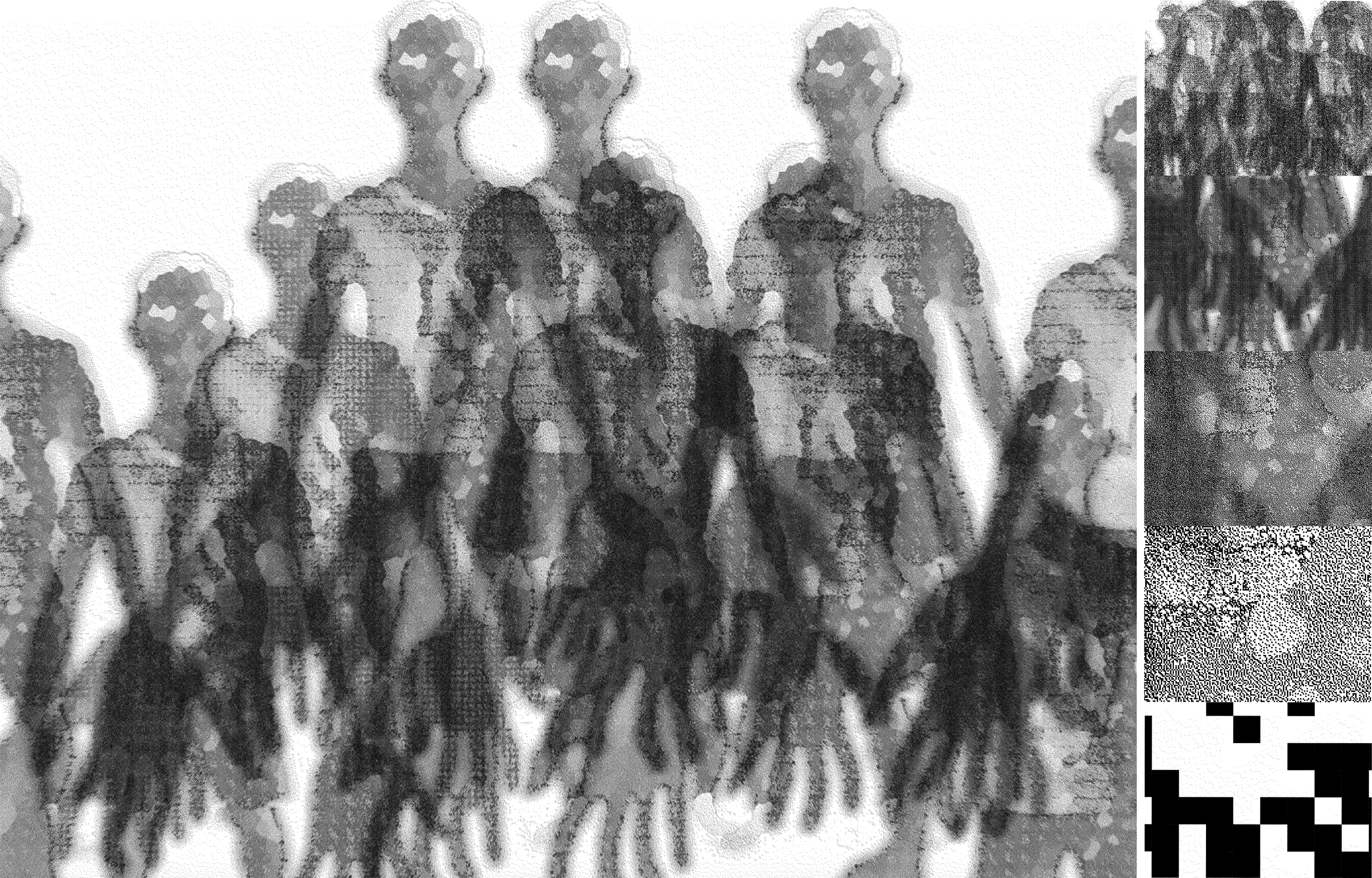 <i>Self</i><br>i made this; therefore it is me<br>texture study of computer screen rendering a bitmap in different enlargements<br>self-portrait, Photoshop